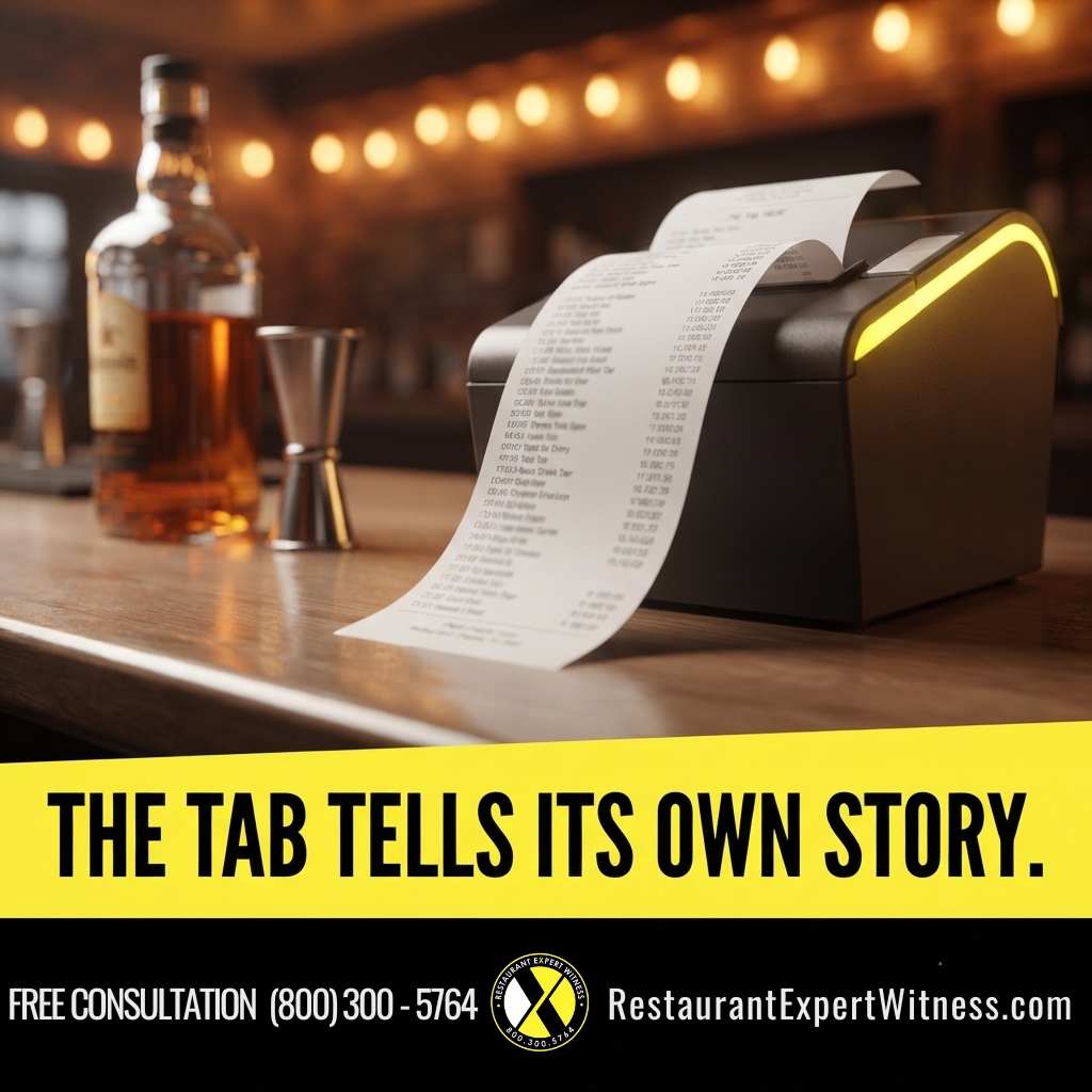 Bar tab and receipt for a patron showing signs of visible intoxication — restaurant expert witness alcohol liability